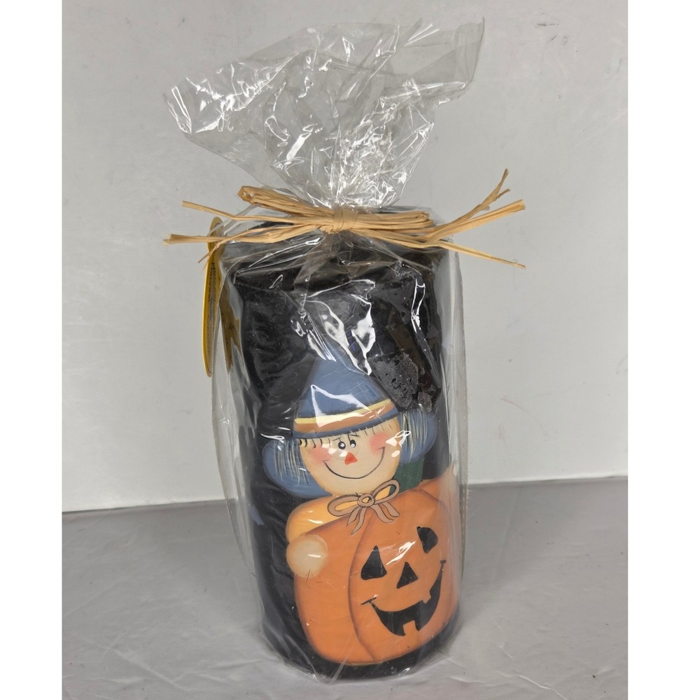 Hand Painted Halloween Scarecrow Pumpkin Pillar Candle Primitive Folk Art Black